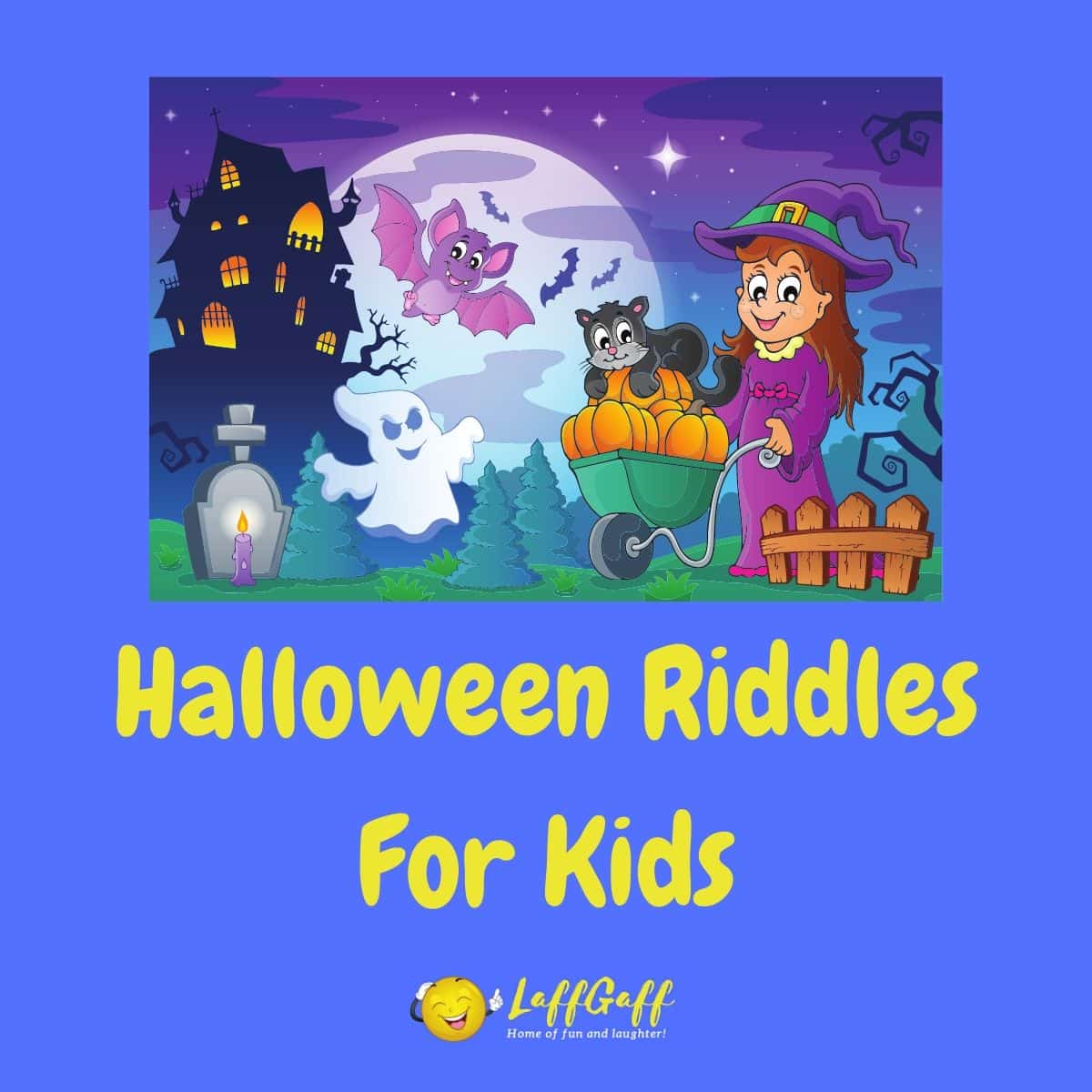 Featured image for a page of easy Halloween riddles for kids.